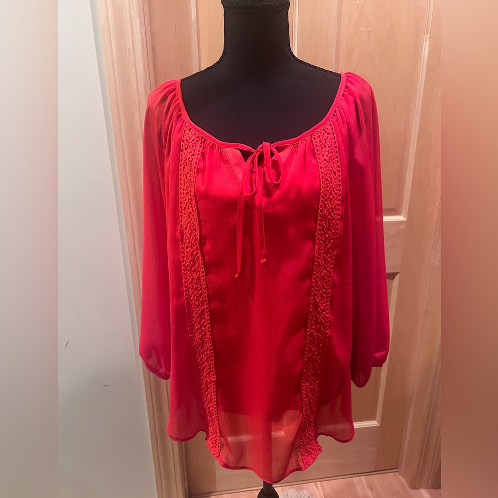 AB Studio Boho Top Red Sheer Blouse Crochet Detail Tie Front Flowy Peasant L